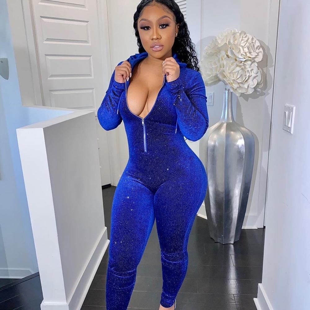 Royal Blue Velour Hooded Jumpsuit with encrusted sparkles